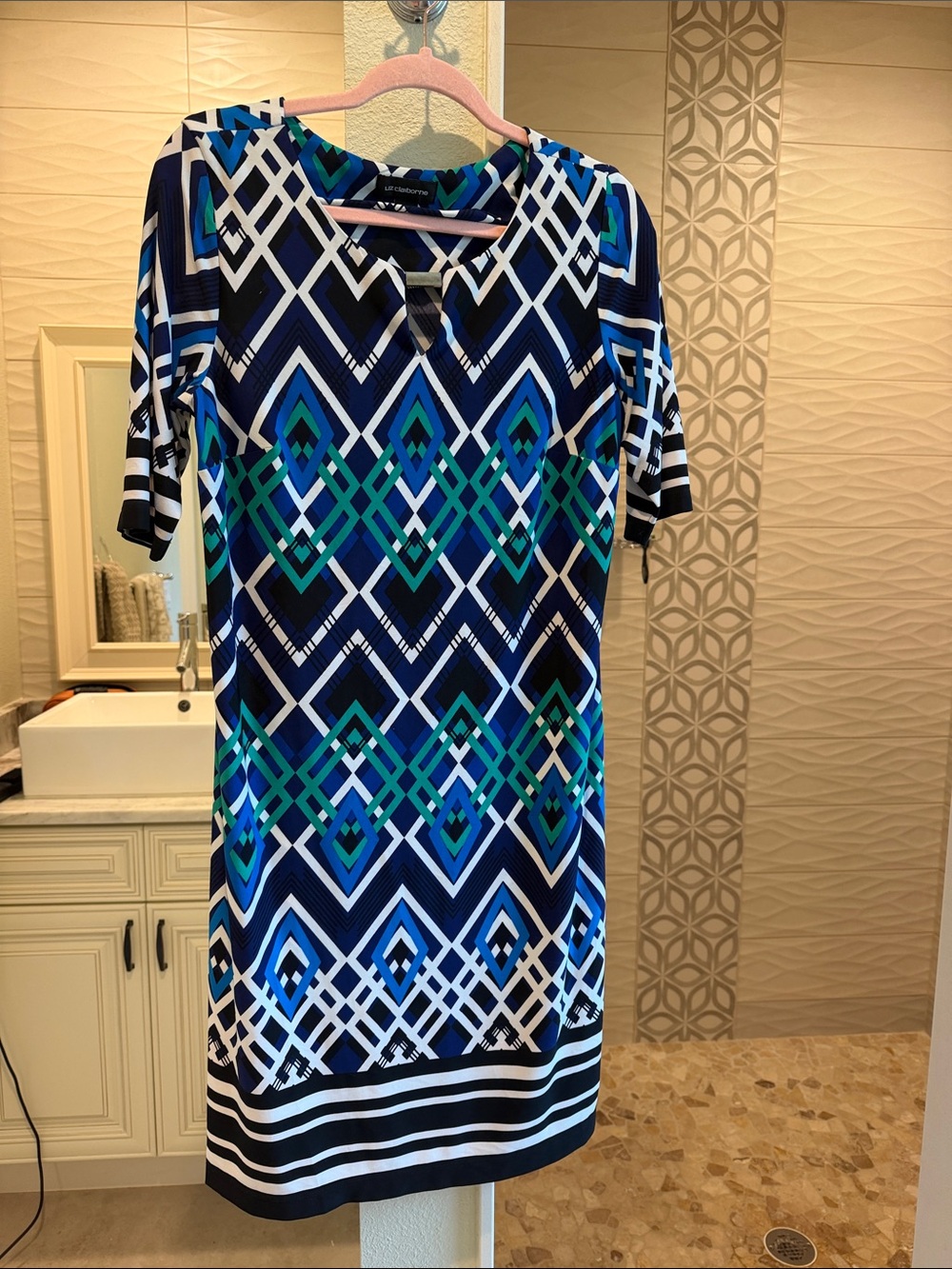 Liz Claiborne Navy, Blue & Green Geometric Shift Dress